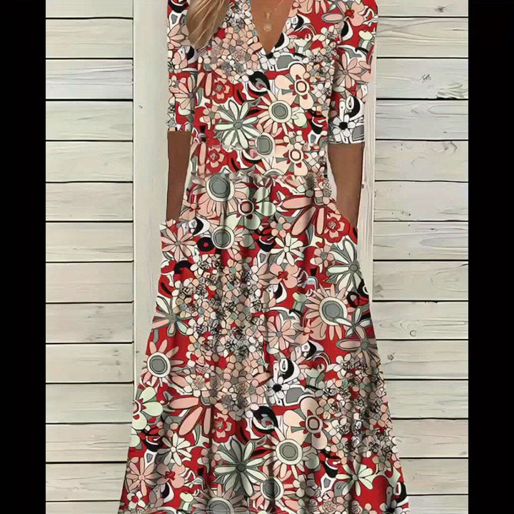 Odette | Robe midi à imprimé floral, décolleté en V et ourlet asymétrique
