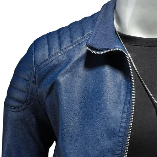 Maxime™ - Veste Biker en Cuir Bleu Élégant