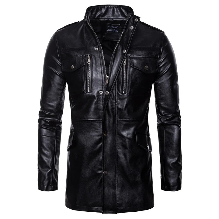 Victor™ - Manteau Long en Cuir Noir Militaire