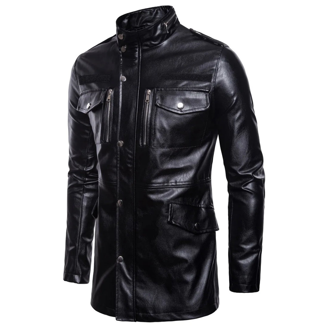 Victor™ - Manteau Long en Cuir Noir Militaire