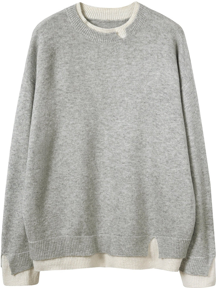 Sophie™ | Pull Oversize Gris et Blanc à Manches Longues